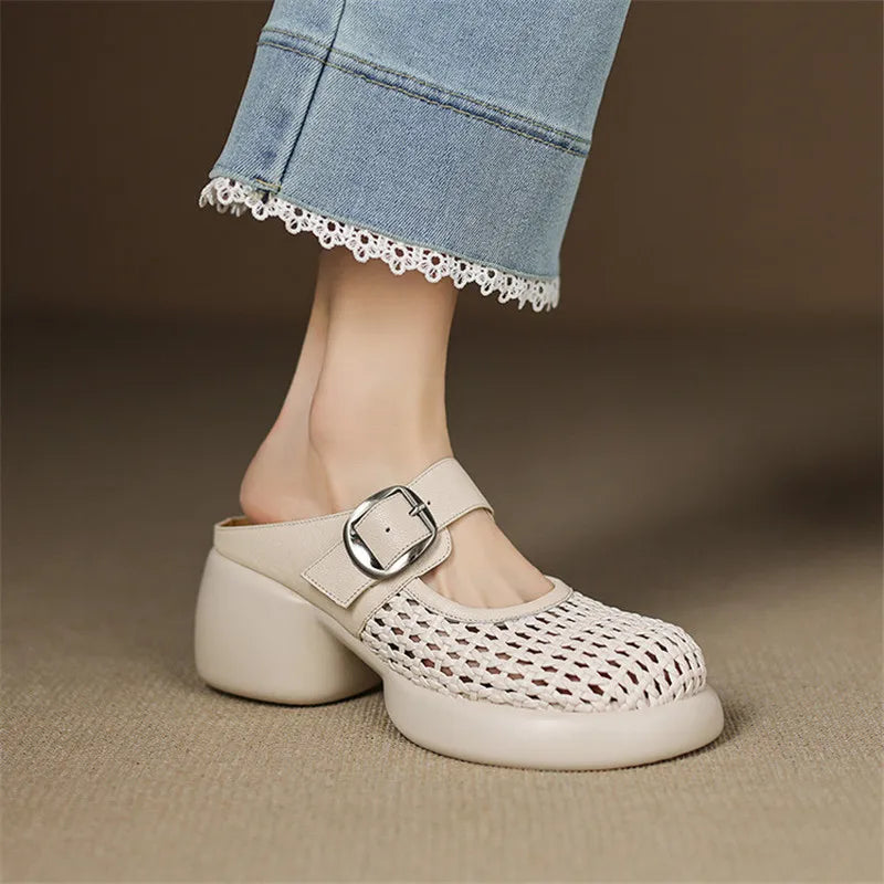 New Summer Slippers Cover Toe Slippers for Women Fashion Hollow Out Round Toe High Heels Ladies Shoes Chunky Heels Slippers